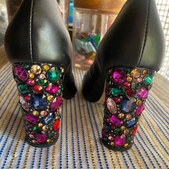Dolce&Gabbana Heels Pumps Shoes Pointed Toe Black High Block Rhinestone Sz 37 - Picture 4 of 8